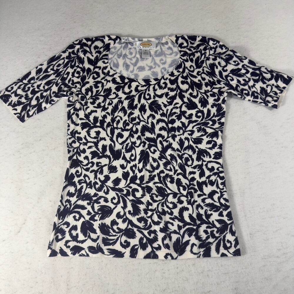 Talbots Petites P Pima Cotton Top Navy Ivory Floral 3/4 Sleeve Stretch